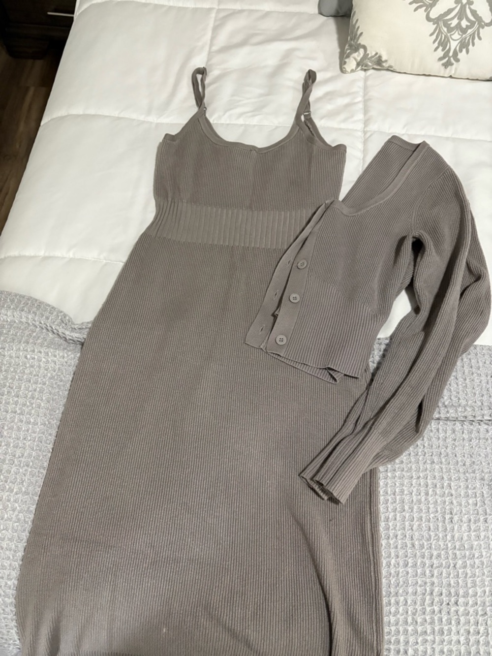 Ribbed Knit Tank Dress with Button Cardigan - Taupe